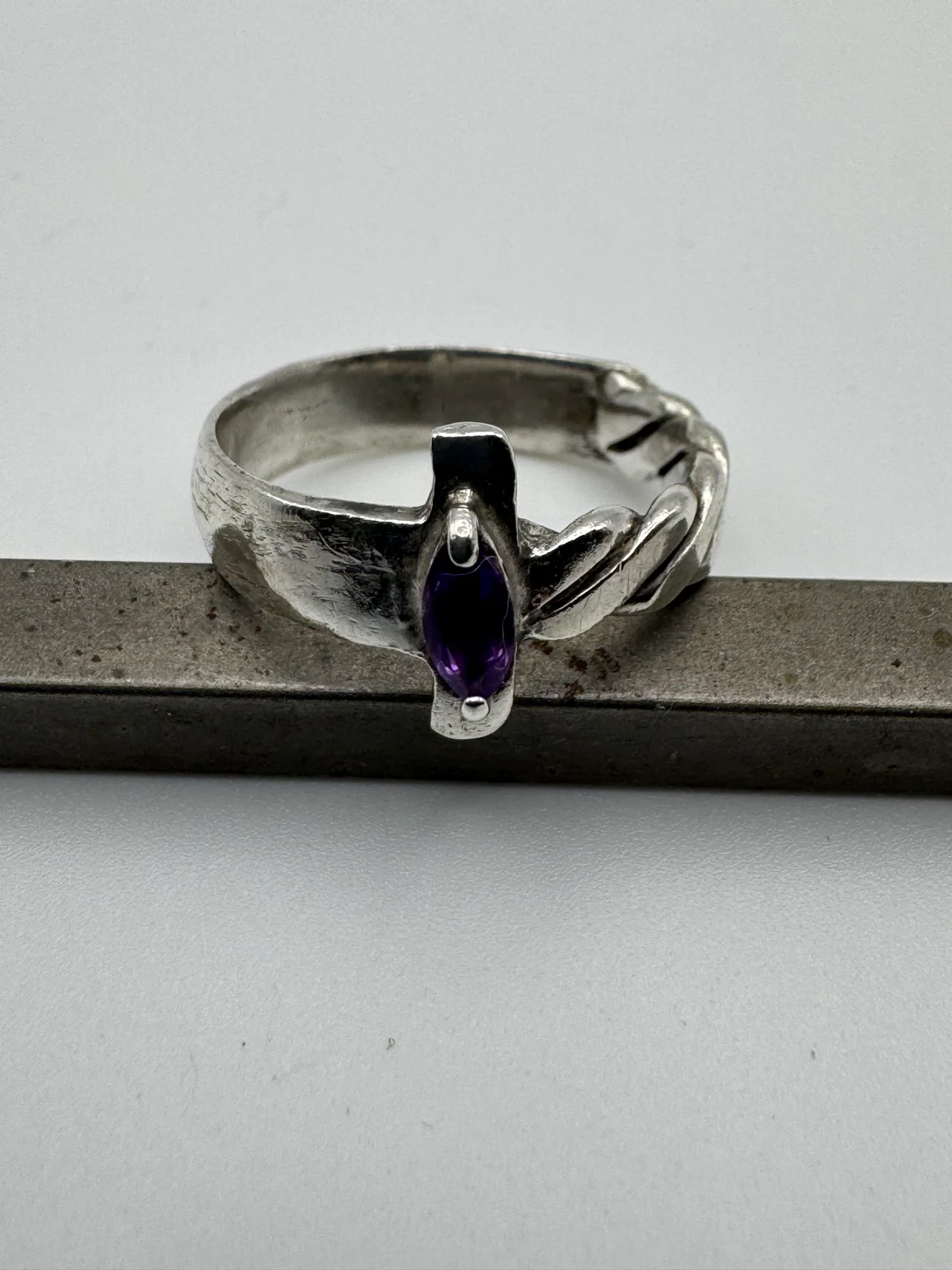 Sword ring with marquise cut amethyst